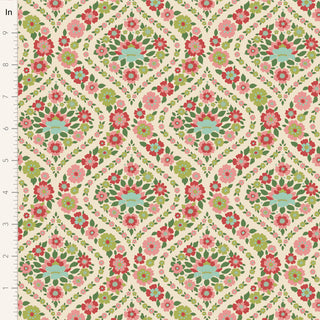 Tilda Wallflower Bianca Green TIL100617 by Fabric by Tilda features a floral print in red, green, pink, and blue on a cream 100% cotton background. With ruler markings in inches, it’s ideal for quilting and floral fabric lovers.