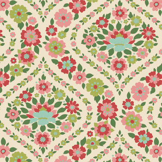 The Tilda Wallflower Bianca Green TIL100617 Fabric by Tilda features red, pink, green, and blue floral prints with green leaves in a diamond-shaped geometric pattern on beige—ideal for 100% cotton projects.