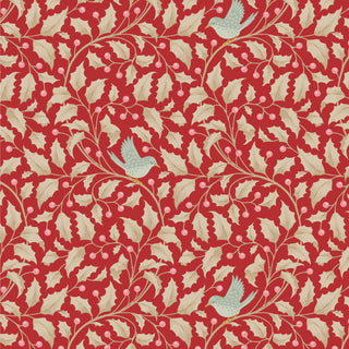 The Tilda Merry Little Christmas 100621 Holly Red Fabric by Fabric by Tilda features a seamless vintage-inspired pattern of cream holly leaves, red berries, and light blue birds on a red background.