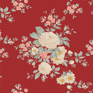 Pattern of white and pink flowers with green leaves on a solid red background, inspired by vintage Christmas fabric—perfect for festive projects. Tilda Merry Little Christmas 100622 Carol Burgundy Fabric by Fabric by Tilda.