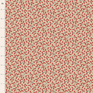 Tilda Merry Little Christmas 100623 Mistletoe Red Fabric by Fabric by Tilda features beige fabric with repeating red leaves and small green stems; a ruler on the left measures in inches—perfect for adding holiday charm to your projects.
