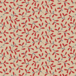 Tilda Merry Little Christmas 100623 Mistletoe Red Fabric by Tilda features a seamless pattern of red leaves and blue berries on light beige, ideal for festive or vintage-inspired projects.