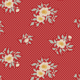Tilda Merry Little Christmas 100624 Joy Red Fabric by Tilda features a red background with small white polka dots and clusters of yellow and white flowers—ideal for vintage holiday projects or adding charm to your Christmas creations.