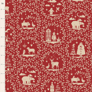 Tilda Merry Little Christmas 100625 Paperscenes Burgundy Fabric by Tilda features cream animal, people, and tree illustrations in circular frames with vines on a red background. Ruler on left shows scale in inches—perfect for holiday projects!.