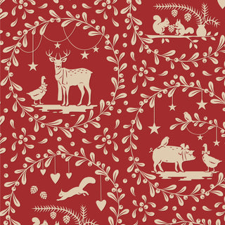 Tilda Merry Little Christmas 100625 Paperscenes Burgundy Fabric by Tilda features red and cream vintage-style patterns with silhouettes of deer, pigs, squirrels, birds, ducks, and decorative foliage in framed designs with stars and hearts.