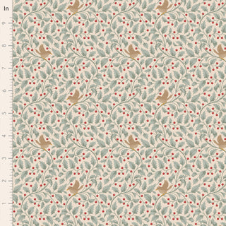 Tilda Merry Little Christmas 100626 Holly Duckegg Fabric by Tilda features birds, leaves, and red berries on a light background with an inch ruler—ideal for vintage fabric lovers or collectors seeking festive charm.