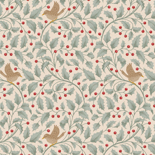 Tilda Merry Little Christmas 100626 Holly Duckegg Fabric by Tilda features brown birds, green holly leaves, and red berries on light beige—ideal for vintage fabric enthusiasts or adding festive charm to your projects.