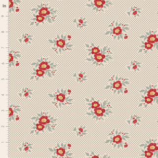 Tilda Merry Little Christmas 100628 Joy Blue by Fabric by Tilda features clusters of red and yellow flowers with green leaves on a dotted blue background, evoking a cozy vintage holiday feel. A ruler along the left edge shows scale.