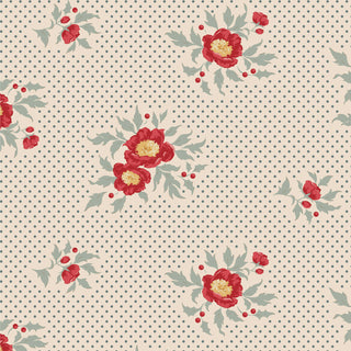 Tilda Merry Little Christmas 100628 Joy Blue Fabric by Tilda features a seamless floral pattern of red and yellow flowers with green leaves on beige with polka dots—ideal for vintage Christmas or Merry Little Christmas sewing projects.