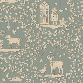 Tilda Merry Little Christmas 100629 Paperscenes Duckegg Fabric by Tilda features vintage-style children, animals, houses, and stars framed by floral wreaths on muted green—ideal for crafting or adding charming Christmas decor.