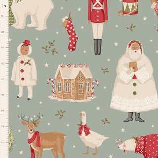 Tilda Merry Little Christmas 100630 Winterfriends Duckegg Fabric by Tilda features vintage-style Christmas figures—Santa, nutcracker, reindeer, goose, polar bear, pig, gingerbread house—on a festive green background.