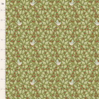 Tilda Merry Little Christmas 100631 Holly Moss Fabric by Fabric by Tilda features a green vintage design with leaves, red berries, and white birds. Displayed with an inch ruler for scale, it’s ideal for holiday projects.