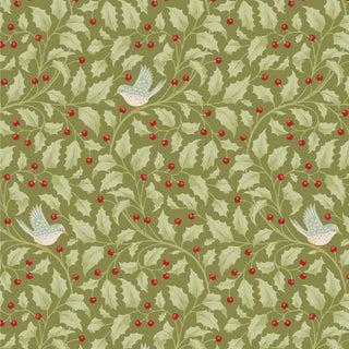 Tilda Merry Little Christmas 100631 Holly Moss Fabric by Fabric by Tilda features vintage-inspired holly leaves, red berries, and charming blue and white birds on green—ideal for festive holiday or Tilda Fabrics projects.