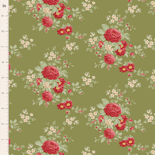 Tilda Merry Little Christmas 100632 Carol Moss Fabric by Tilda features olive green fabric with scattered red, pink, and white floral bouquets. A vertical ruler along the edge marks inches—ideal for vintage Christmas-themed projects.
