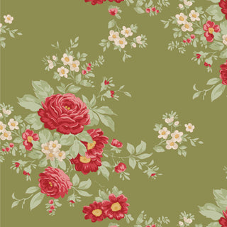 Tilda Merry Little Christmas 100632 Carol Moss Fabric by Tilda features red and cream flowers with green leaves on an olive green background—ideal for vintage Christmas projects or adding a charming holiday touch.