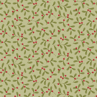 Tilda Merry Little Christmas 100633 Mistletoe Pistachio Fabric by Fabric by Tilda features green leaves and red berries on a light yellow background, perfect for holiday projects and vintage-inspired designs.