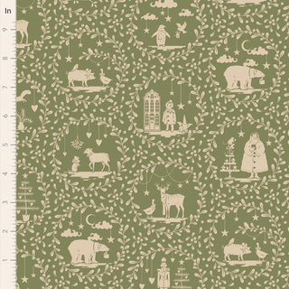 Tilda Merry Little Christmas 100635 Paperscenes Artichoke Fabric by Tilda features an olive green pattern with cream animal, people, and tree illustrations in circular frames. Ruler on left edge shows scale—ideal for festive projects.