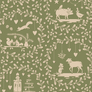 Tilda Merry Little Christmas 100635 Paperscenes Artichoke Fabric by Fabric by Tilda features farm animals, a Nutcracker, hearts, stars, and foliage on green in a vintage style—perfect for classic holiday projects.