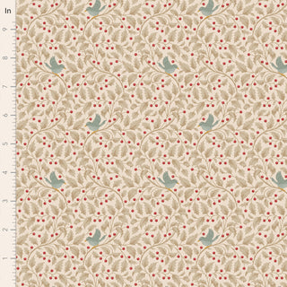 Tilda Merry Little Christmas 100636 Holly Clay Fabric by Tilda features a seamless beige vintage print of teal birds, red berries, and tan leaves. Displayed with a vertical inch ruler for scale—perfect for festive projects!.