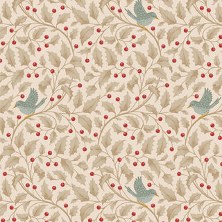 Tilda Merry Little Christmas 100636 Holly Clay Fabric by Fabric by Tilda features blue birds on beige holly branches with red berries on a light background—ideal for holiday projects or adding vintage charm.