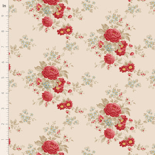 Tilda Merry Little Christmas 100637 Carol Cream Fabric by Tilda features beige vintage fabric with red and pink roses, blue flowers, green leaves, and a vertical inch ruler—ideal for Tilda Fabrics-inspired projects.