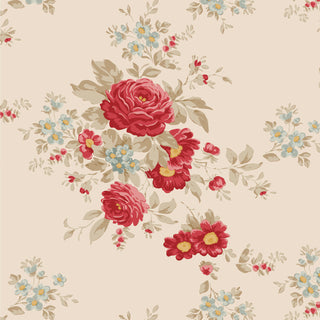The Tilda Merry Little Christmas 100637 Carol Cream Fabric by Fabric by Tilda features clusters of red and blue flowers with green leaves on a seamless vintage-inspired light beige background.