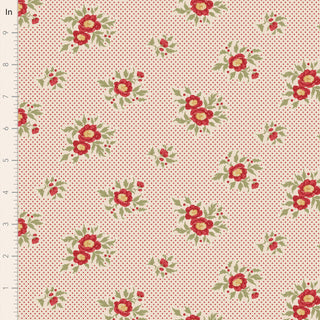 Tilda Merry Little Christmas 100638 Joy Cream Fabric by Tilda features a tan vintage design with tiny red flowers, green leaf clusters, and small red dots. A ruler in inches is shown along the left edge for easy measuring.