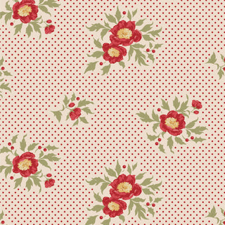 Inspired by vintage designs, Tilda Merry Little Christmas 100638 Joy Cream Fabric by Fabric by Tilda features red and yellow flowers with green leaves on a pink background decorated with small red polka dots.