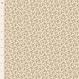 Tilda Merry Little Christmas 100639 Mistletoe Cream Fabric by Fabric by Tilda features a seamless green leaves and red berries pattern on beige, vintage-inspired, with an inch ruler—ideal for festive holiday projects.