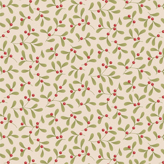 Tilda Merry Little Christmas 100639 Mistletoe Cream Fabric by Fabric by Tilda features a vintage-inspired seamless pattern of green leafy branches with red berries on a light beige background, perfect for holiday projects.