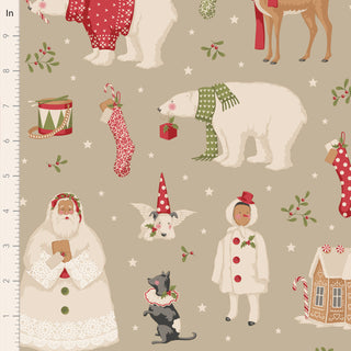 Tilda Merry Little Christmas 100640 Winterfriends Clay Fabric by Tilda features polar bears, a reindeer, Santa, stockings, a cat with yarn, a child in winter clothes, and festive designs on vintage-style beige cotton for Christmas projects.