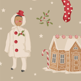 Charming illustration of dolls, gingerbread house, holly, red polka-dot stocking, and stars on clay beige—perfect for vintage fabric lovers. Tilda Merry Little Christmas 100640 Winterfriends Clay Fabric by Fabric by Tilda.