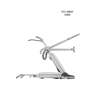 Side view of the SEBO ESSENTIAL G4 by Sew & Vac, labeled "Fly-Away View," featuring an electronic controller with multiple levers and hinges designed for efficient pet-hair removal.