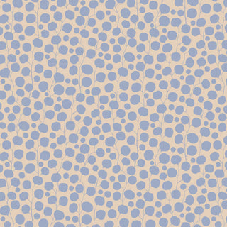 Tilda Hibernation Blender EUCALYPTUS LIGHT BLUE TIL110584 by Fabric by Tilda features scattered, irregular blue dots and thin branching lines on a light beige background, inspired by vintage cotton and classic Arts and Crafts fabric styles.