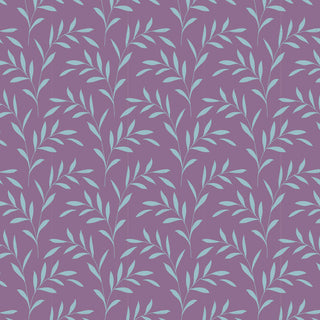 Tilda Hibernation Blender OLIVEBRANCH LAVENDER TIL110585 from Fabric by Tilda features a light blue leafy branch pattern on a purple background, blending autumnal nature motifs with vintage cotton fabric charm.