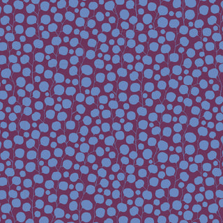 The Tilda Hibernation Blender EUCALYPTUS EGGPLANT fabric by Tilda features light blue abstract leaf and berry shapes on thin stems over a dark purple base, bringing vintage cotton charm and subtle autumn flair to your projects.