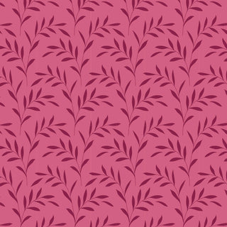 Tilda Hibernation Blender OLIVEBRAND OLD ROSE TIL110589 110089 by Fabric by Tilda features a seamless vertical pattern of dark maroon leafy branches on pink, inspired by vintage cotton and Arts and Crafts fabric styles.