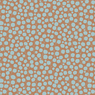 The Tilda Hibernation Blender EUCALYPTUS SAND TIL110591 110091 by Fabric by Tilda features light blue irregular dots and thin vertical lines on a brown background, evoking vintage fabric styles.