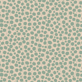 The Tilda Hibernation Blender EUCALYPTUS SAGE TIL110593 110093 Fabric by Tilda features a seamless pattern of small green leaves and thin branches on beige, inspired by autumn nature and classic Arts and Crafts styles.