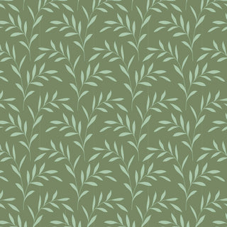 Tilda Hibernation Blender OLIVEBRANCH LAUREL TIL110594 110094 by Fabric by Tilda features leafy green branches on olive, evoking vintage botanical style—ideal for Arts and Crafts-inspired fabric projects.
