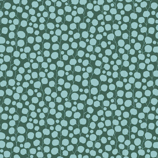 The Tilda Hibernation Blender EUCALYPTUS LAFAYETTE TIL110595 110095 Fabric by Tilda features light blue abstract leaves and branches on a dark green background—ideal for vintage or Arts and Crafts fabric lovers.