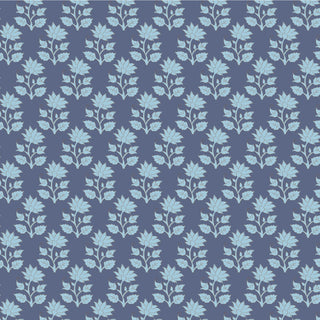 The Tilda Sanctuary Blender MIRA BLUE TIL110109 Fabric by Tilda features a repeating light blue floral pattern on dark blue, with stylized flowers and leaves—ideal premium cotton fabric for quilting and sewing projects.