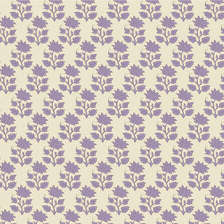 Tilda Sanctuary Blender MIRA LAVENDER TIL110110 by Fabric by Tilda features purple floral motifs in rows on light beige, perfect for quilting projects.