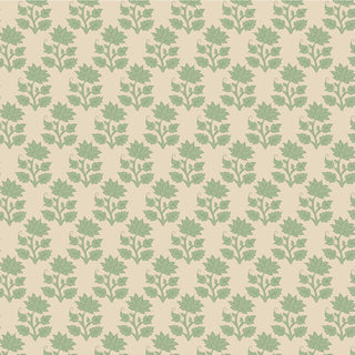 Tilda Sanctuary Blender MIRA SAGE TIL110112 by Fabric by Tilda features a green floral leaf pattern on beige, printed on premium cotton and sold by the yard.
