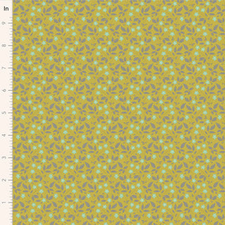 Tilda Sunday Brunch Blender TIPSY SOUR YELLOW TIL110119 by Fabric by Tilda—a premium cotton fabric in yellow with a floral pattern, shown next to an inch ruler for scale. Ideal for adding vintage charm to your summer projects.