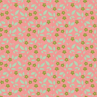 Tilda Sunday Brunch Blender TIPSY PINK TIL110121 by Fabric by Tilda features a seamless floral pattern with green flowers and blue leaves on a pink background, ideal for vintage summerhouse decor or premium quilting cotton projects.