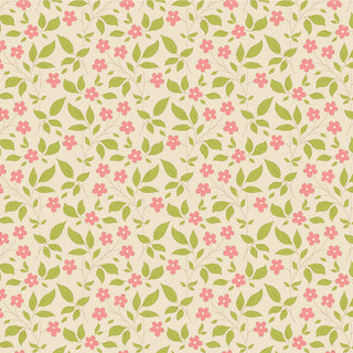 Tilda Sunday Brunch Blender TIPSY CREAM/PINK TIL110122 by Fabric by Tilda features small pink flowers and green leaves on beige, evoking romantic vintage style—ideal for premium quilting cotton projects.