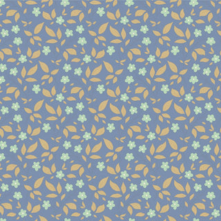 Tilda Sunday Brunch Blender TIPSY BLUE TIL110123 by Fabric by Tilda features a seamless vintage-inspired floral with small light blue flowers and tan leaves on a muted blue, ideal for premium quilting cotton and romantic projects.