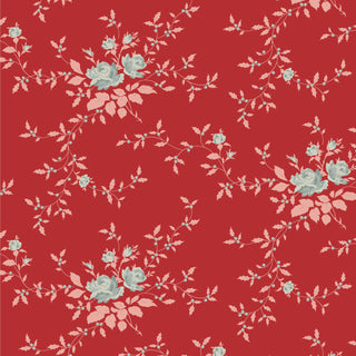 Inspired by vintage fabric, the Tilda Merry Little Christmas 110139 Blender Noel Red by Fabric by Tilda features light blue and pale pink floral motifs on a rich red background—ideal for festive sewing projects.