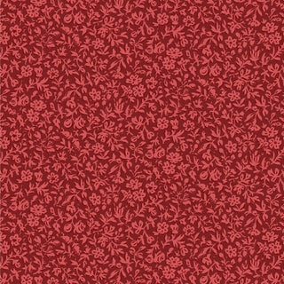The Tilda Merry Little Christmas 110140 Blender Eve Burgundy Fabric by Tilda features a seamless red pattern with small, densely packed floral and leaf motifs in lighter red, evoking vintage charm.
